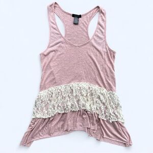 Deb Sharkbite Hem Sleeveless Racerback Lace Ruffle Accent Tank in Rose Size 1X